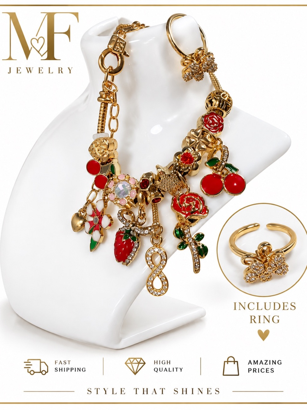 Gold Charm Bracelet with Red & Green Enamel Charms (Includes Ring)